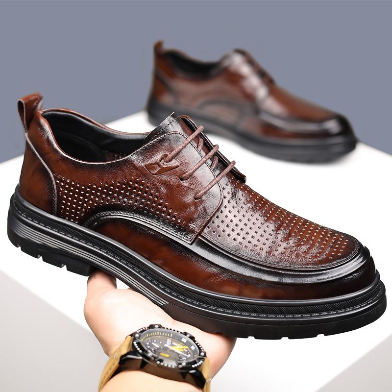 2025 Summer Hollow Breathable Business Korean Dress Shoes for Men Solid Color Lace Platform Cow Leather Shoes Man
