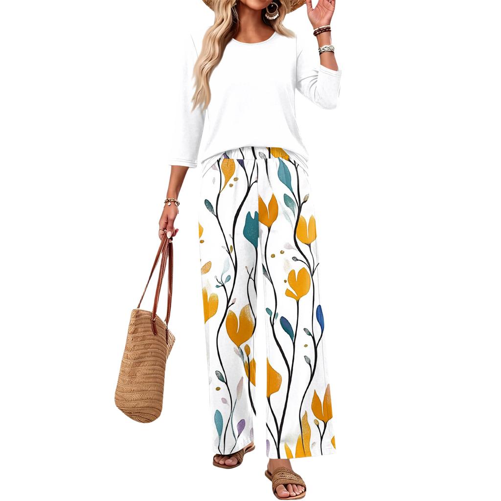 Women's Casual Two Piece Set Loose Fit Round Neck Top with Three Quarter Sleeves and Wide Leg Printed Pants Lounge Wear Set