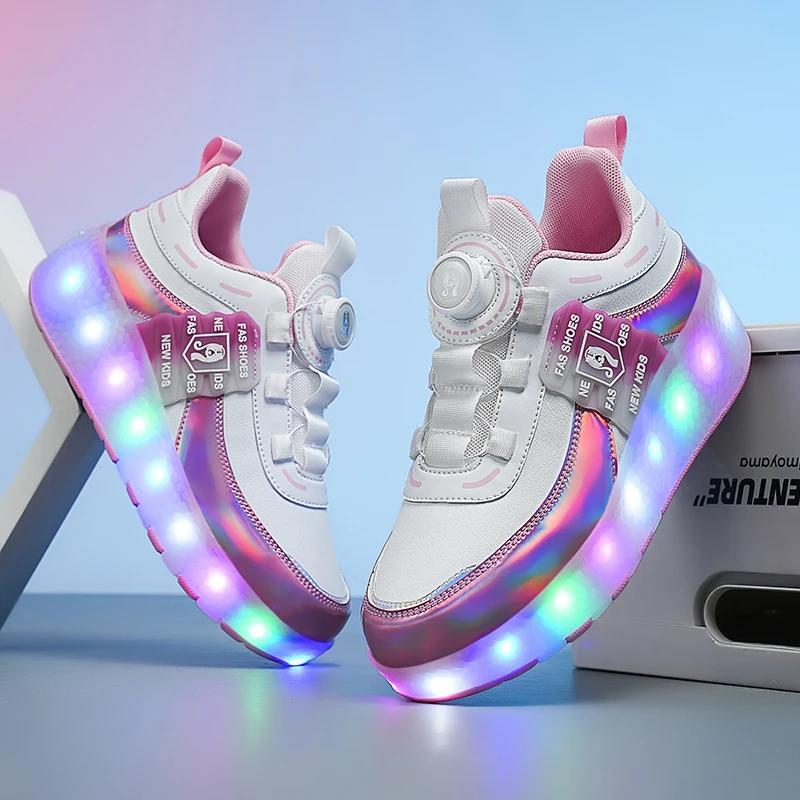 Kids LED Racing Roller Skates Shoe With 2 Wheels Children's Speed Skate For Girl And Boy Sneakers Skates With Removable Wheels