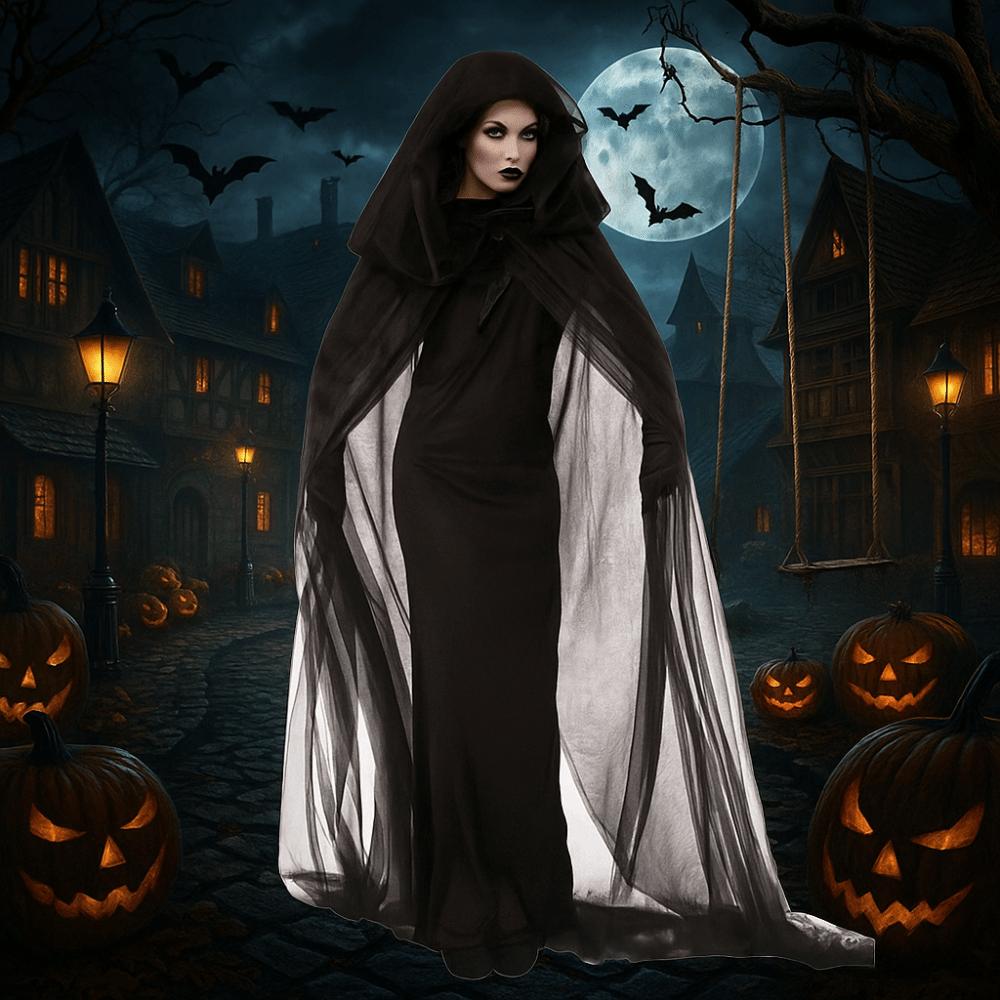 Dress Up Women Halloween Costume Lace Up Hooded Cloak Funny Mesh Ghost Cloak  Children