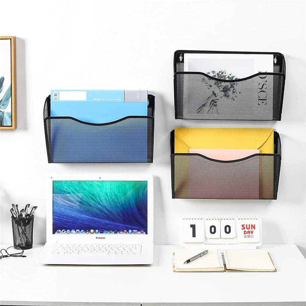 Wandmontierte Ordner- und Briefablage-Aufbewahrungstasche (3er Set) Metallgitter Schreibtisch Hängekorb Briefkasten A4 Größe Papier Dokumentenorganizer