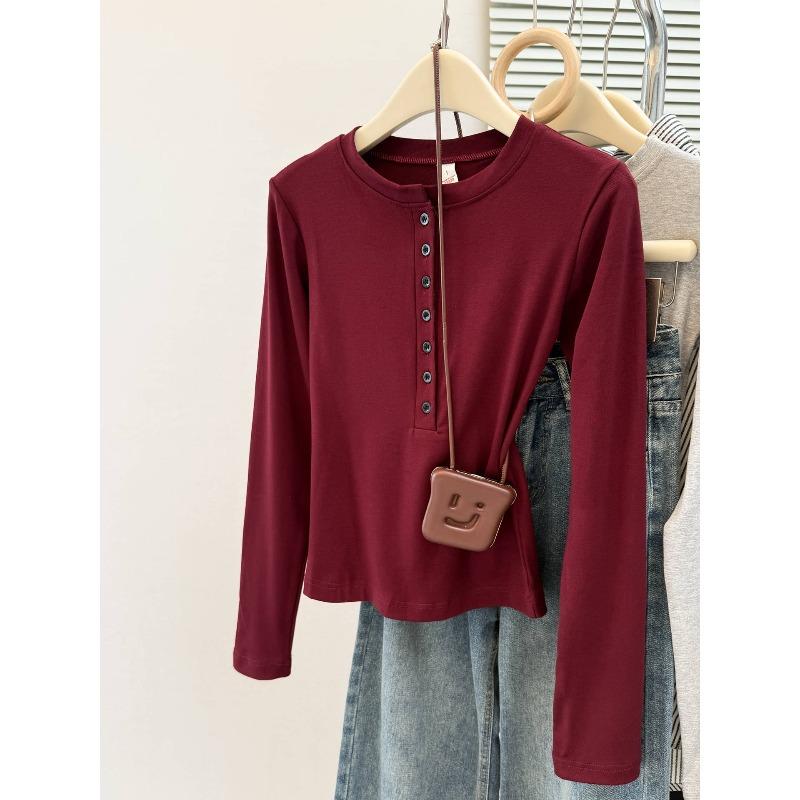 

Real shot button crew neck long sleeve T-shirt women s early autumn slim fit bottoming shirt sweet spice girl top XL бордовый