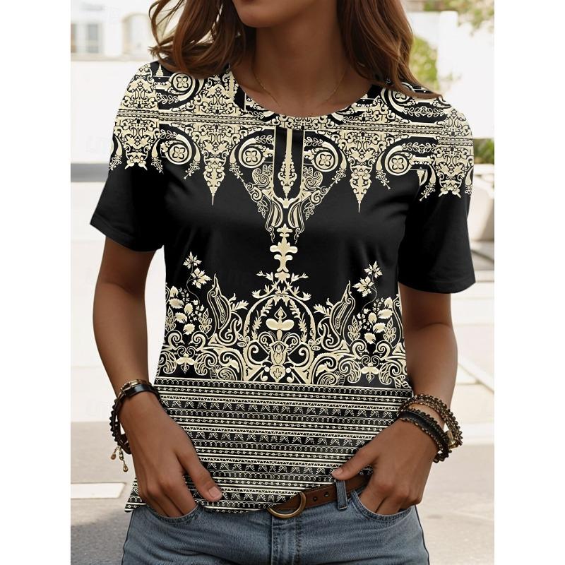Summer Women's Floral Graphic Paisley T Shirt Fashion Stylish Classic Short Sleeve Crew Neck Tees Round Neck Regular Tops