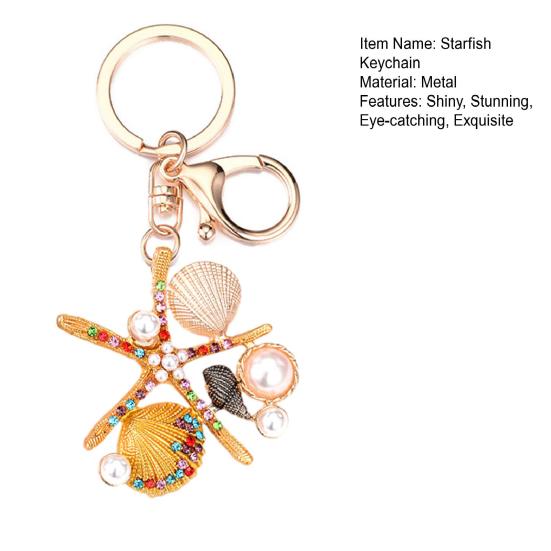 Rhinestone Starfish Keychain Sparkling Shell Faux Pearl Keyring Pendant for Purse Backpack Accessory Gift for Friends