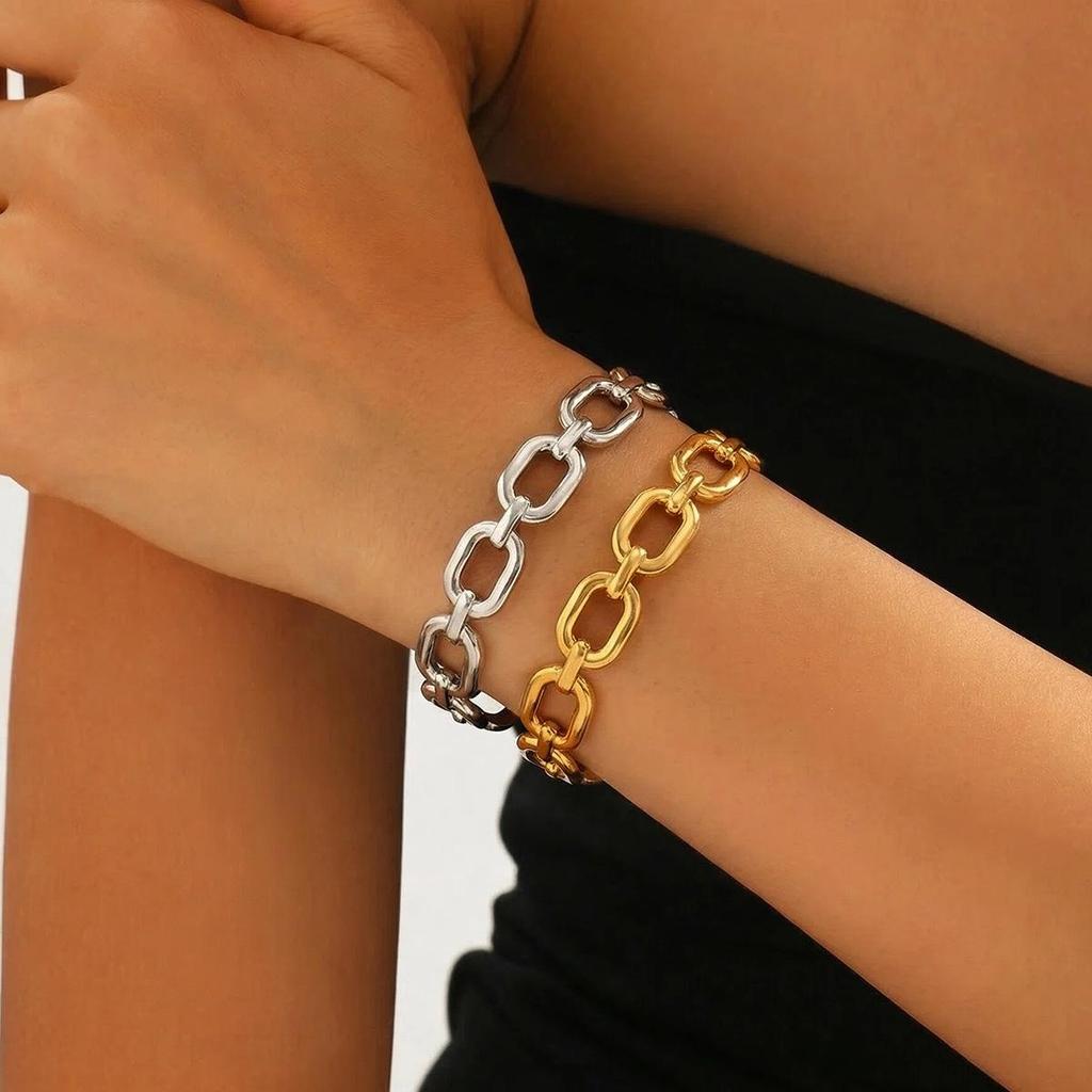 18k Gold Geometric Chain Stainless Steel Bracelet for Women, Vacuum Plated Open Bangle Jewelry