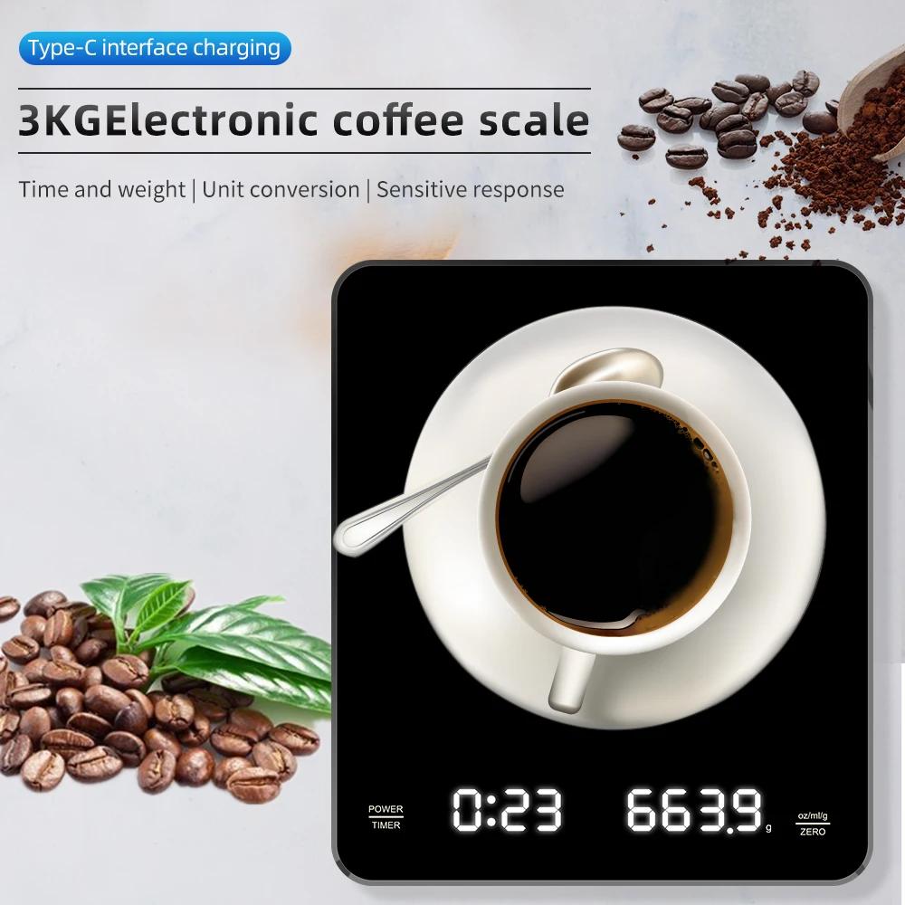 Digital Rechargable Coffee Scale with Timer LED Screen Espresso USB 3kg Max.Weighing 0.1g High Precision Measures Kitchen Scale