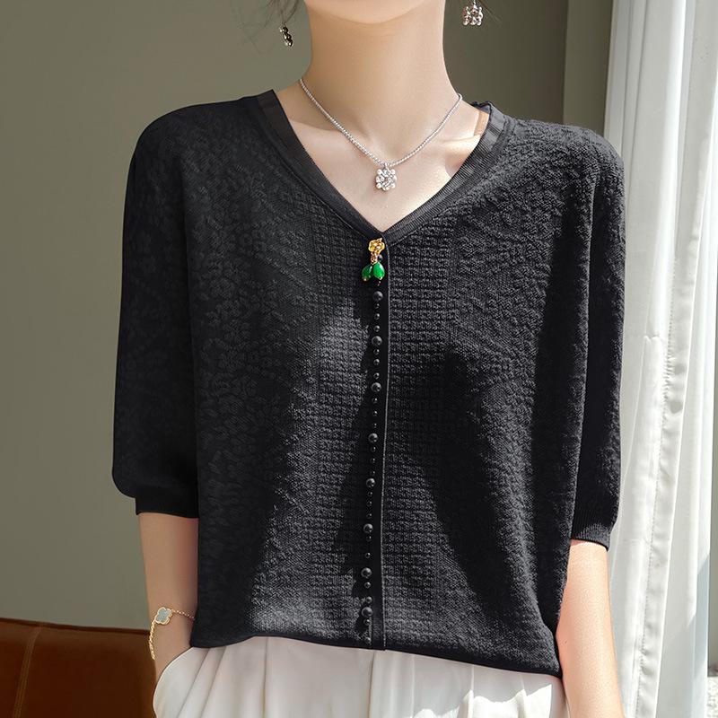 

V-neck Tennis Sweater Three-point Short Sleeve Women s Summer Thin French Lantern Sleeve Top T-shirt Base Shirt XL чорний