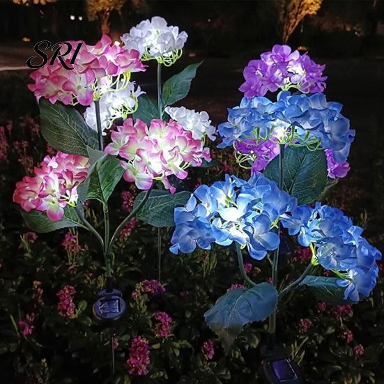 Solar Powered Garden Lamps 3-Head Hydrangea Flower Light with Colorful LEDs Waterproof Outdoor Stake Lights Lamp for Yard Patio Walkway Energy-Saving