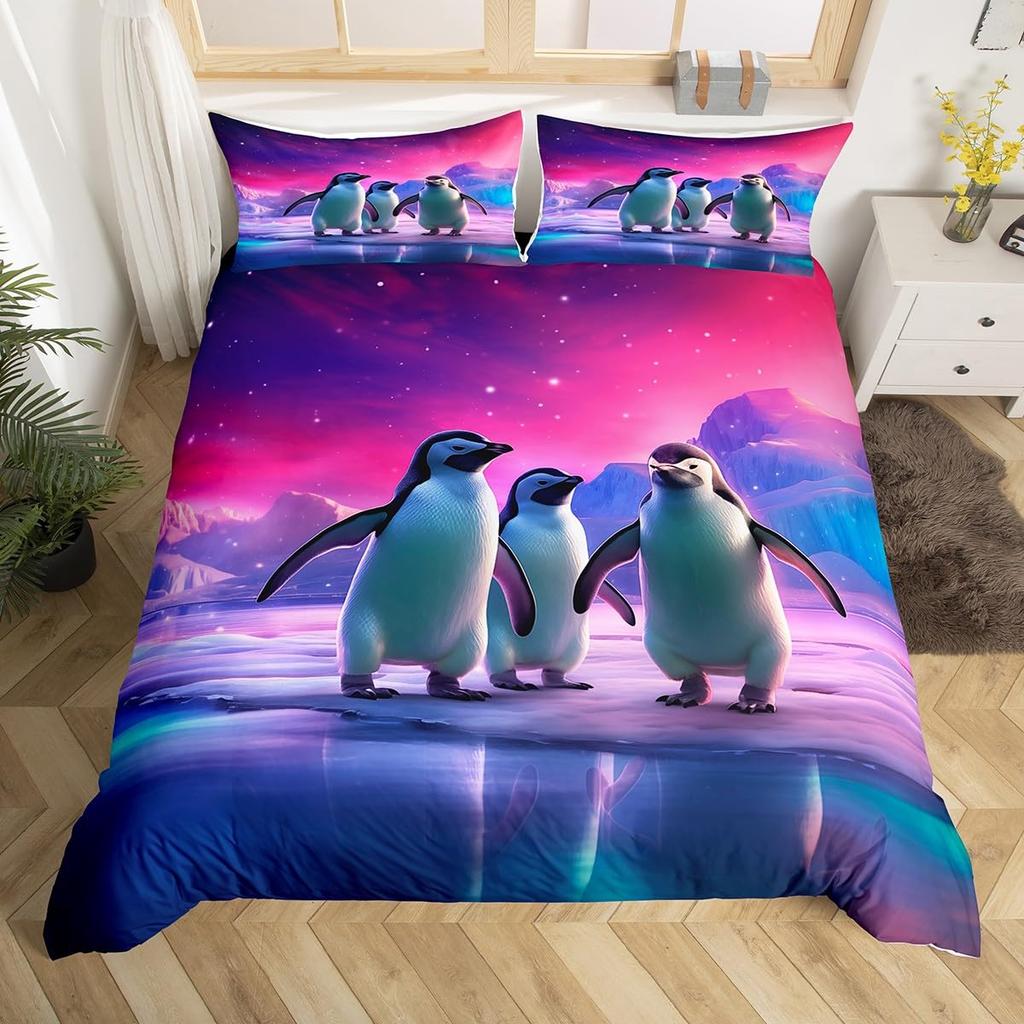 Penguin Bedding Set Galaxy Starry Sky Comforter Cover for Boys Girls Cartoon Penguin Duvet Cover Cute Antarctic Animal Bed Set