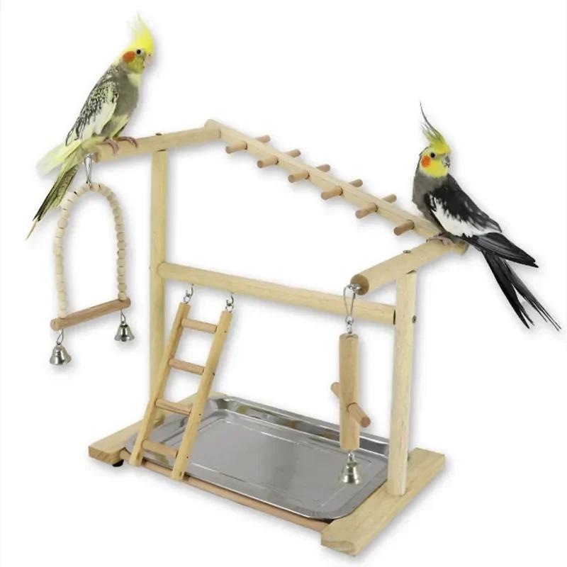 Wooden Bird Playstand Gym - Parrot Cockatiel Playground with Metal Feeder Perch Ladder Plate Interactive Bird Toy for Activity