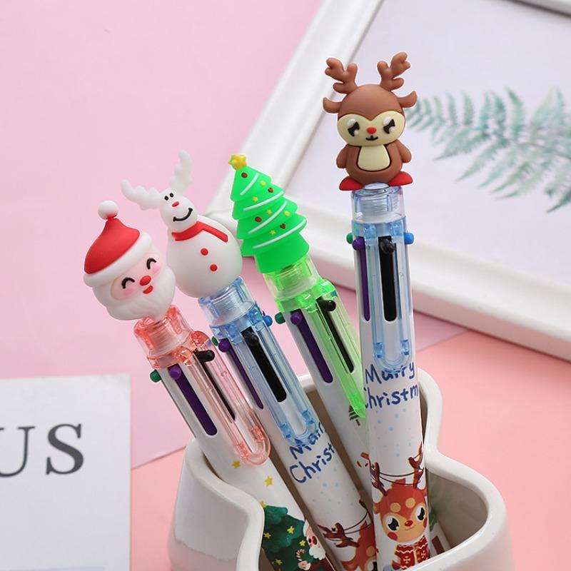 15Pcs Santa Claus Topper Multi Color Retractable Ballpoint Pen, Back to School Season Student Stationery with Christmas themed, Multi refill Design Wr