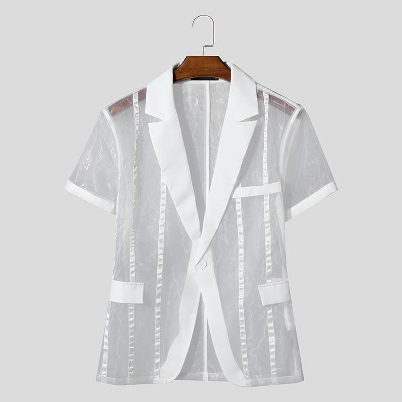 INCERUN Men Summer Deep V Striped Stitching See Through Mesh Sheer One Button Shirts