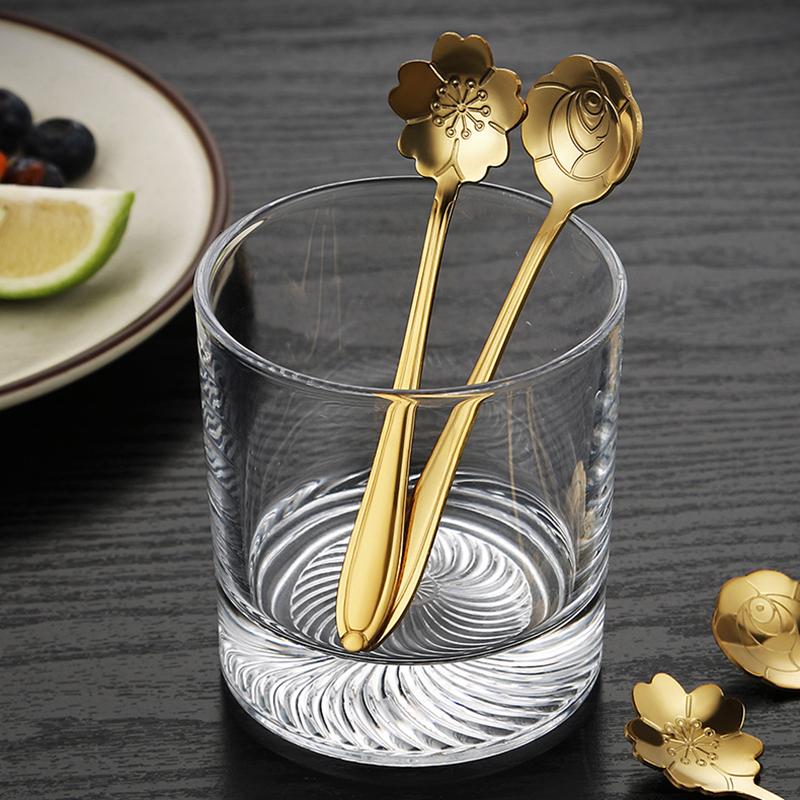 1/5pcs Gold Dessert Spoons Small Flower Spoon Set Stainless Steel Teaspoons Milk Stir Tool for Fruit Honey Lovely Dinnerware Set