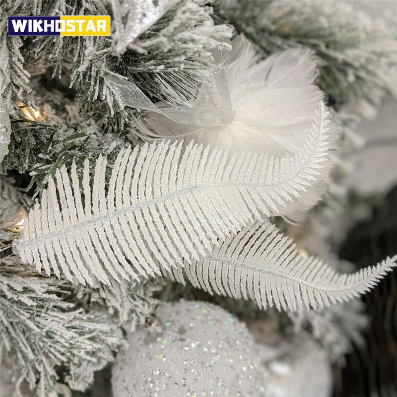 5pcs Glitter Feather Artificial Leaves Clip Xmas Tree Ornament Christmas Party Home Decoration Navidad New Year Wedding Flowers