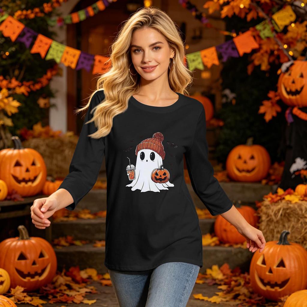 Women's Fashion Casual Halloween Print Three-Quarter Sleeve Neck Top for Fall Festive Wear