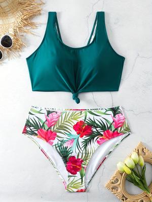 Plus Size Cross-Back High-Waisted Two-Piece Bikini - European and American Fashion