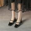 Leather 6CM Bag-toe Sandals for Women Mary Jane Fairy Style Summer Mid-heel French One-length Strap Thick Heel Short Shoes