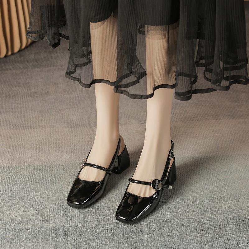 Leather 6CM Bag-toe Sandals for Women Mary Jane Fairy Style Summer Mid-heel French One-length Strap Thick Heel Short Shoes