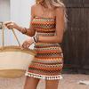 Ärmelloses Racerback Figurbetontes Strandkleid mit Kräftiger Stickerei und Fransen für Sommer/Herbst - Damen Kurzarm Strickkleid