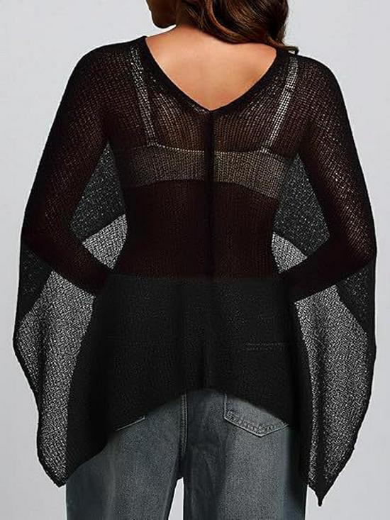 Leichter durchsichtiger Strickschal für Damen - Häkel-Netz Fledermausärmel Pullover Überwurf Strand Wickeltuch