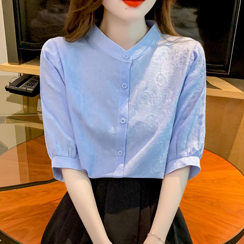 2024 Summer Women's Loose-Fit Pure Cotton Five-Sleeve Stand-Collar Top