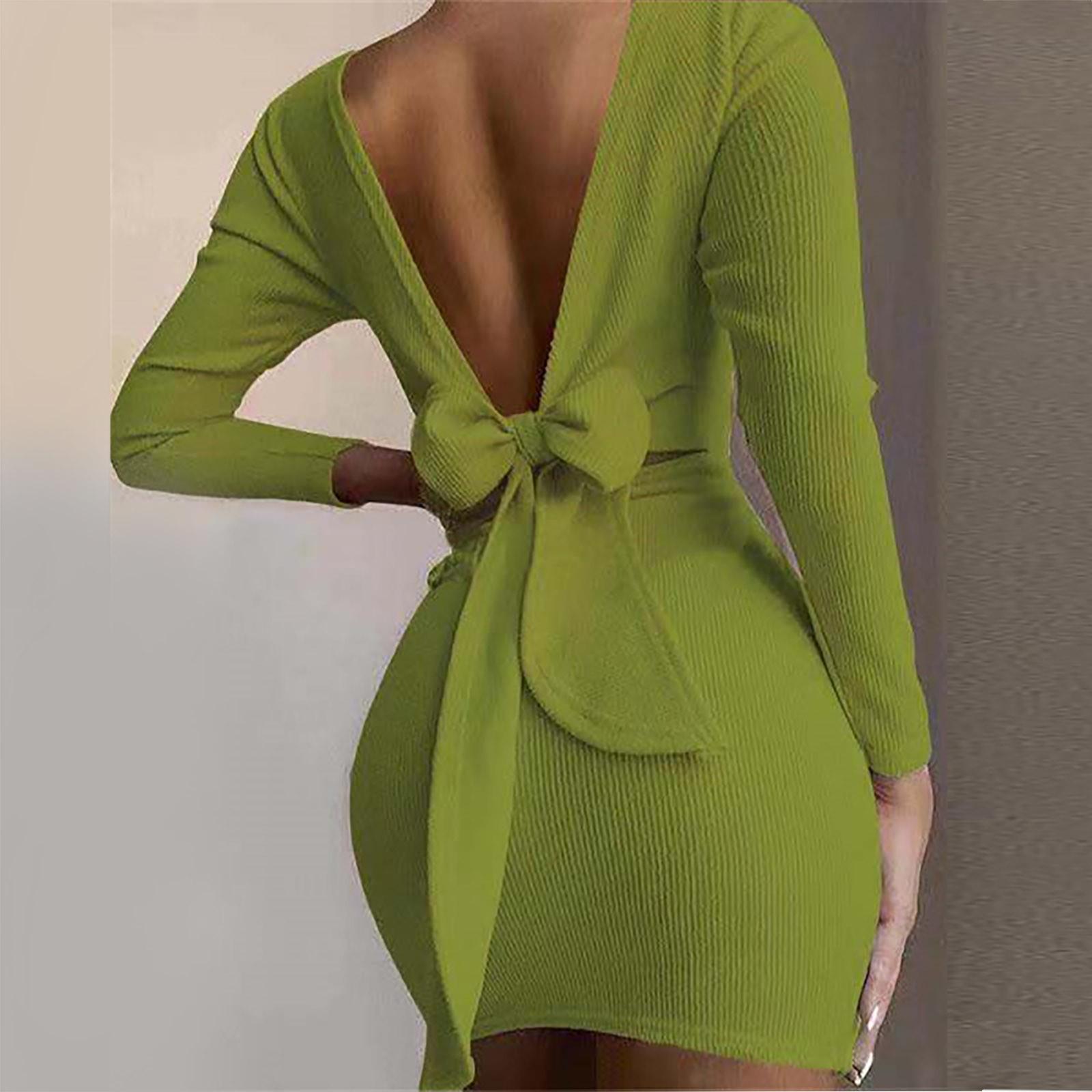 Women Long Sleeve Backless Dress with Bow Tie Detail Ribbed Knit Slim Fit Mini Dress for Casual Wear L