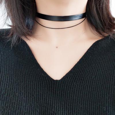 Fashion Simple Temperament Black PU Leather Wax Rope Double Layer Wear Choker Collar Neck Strap Neck Jewelry Necklace Women