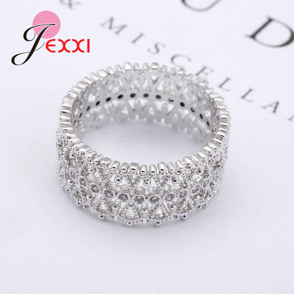 Wide Big Rings For Women Daily Wearing Finger Band Ring Jewelry 925 Sterling Silver Hollow Design With Small Zircons Set