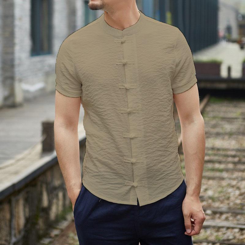 Summer Thin Pure Color Men's Shirt Collar Button Up Short Sleeve Slim Fit Casual Cotton Blend Menswear Traditional Chinese Style
