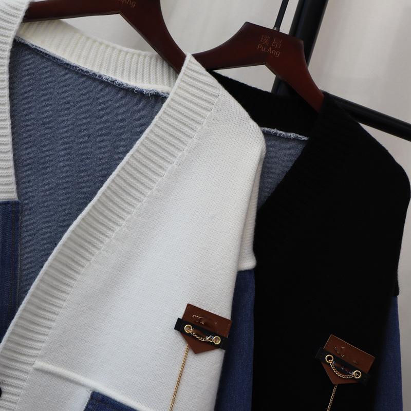 Denim Splicing Knitted Cardigan 2025 Autumn and Winter New Loose Casual Fashion Versatile Lazy Sweater Jacket