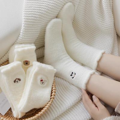 Autumn and Winter Cute Thickened Plush Socks Women Embroidered Animal Print Warm Mid-calf Socks