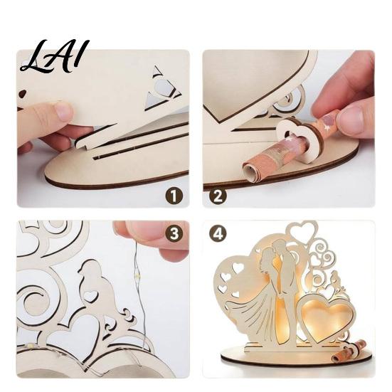 Wooden Ornament for Wedding Couple Ornaments with LED Lights Romantic Statue Heart Handcrafted Light Design Warm Glow Tabletop Night & Bedroom
