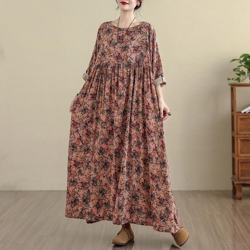 Plus size Cotton vintage floral new in dresses for women casual loose long spring autumn dress