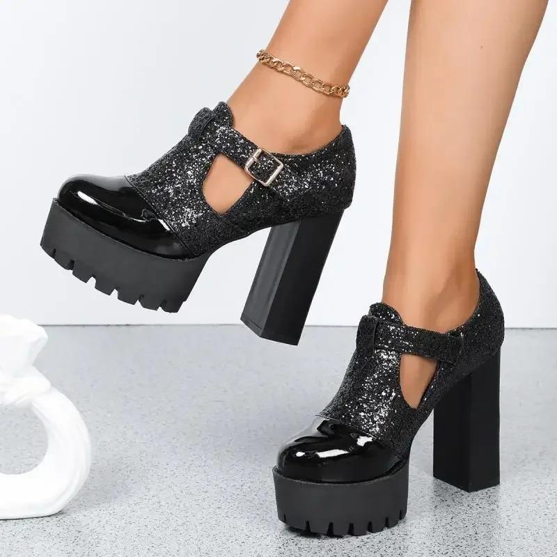 Fashion Sexy Sequined Cloth Super High Heel Pumps Loafers Women 2025 Autumn Chunky Platform Metal Buckle Pumps Fashion Dress Party Shoes