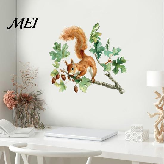 Decorative Glass Stickers for Windows Watercolor Squirrel Wall Sticker, Cute Tree Branch Decal, Easy To Apply Forest Animal Mural Art Living