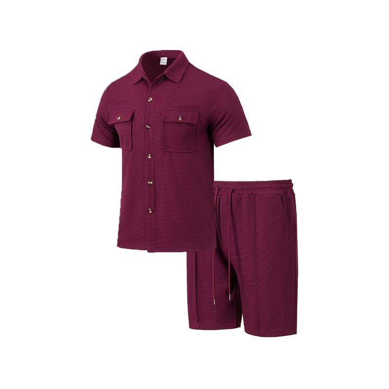 Men S Summer Workwear Short Sleeve Shirt Shorts Loose Waffle Set