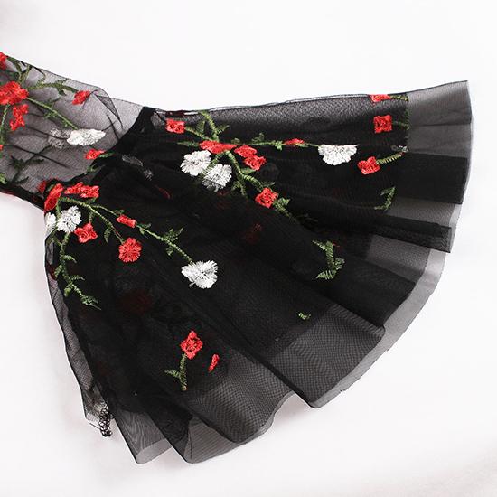 Spring and Autumn Fashion Women's Medium Long Skirt Mesh Embroidery Horn Sleeve Splicing High Waist Long Sleeve Big Swing Skirt Retro Dress