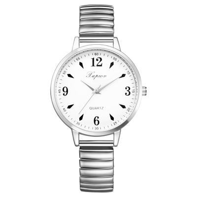Wasserdichte und regenfeste Damenarmbanduhr mit rundem Zifferblatt, großem weißen Zifferblatt, silbernem Gehäuse und silbernem Armband. Diese Edelstahluhr ist ein