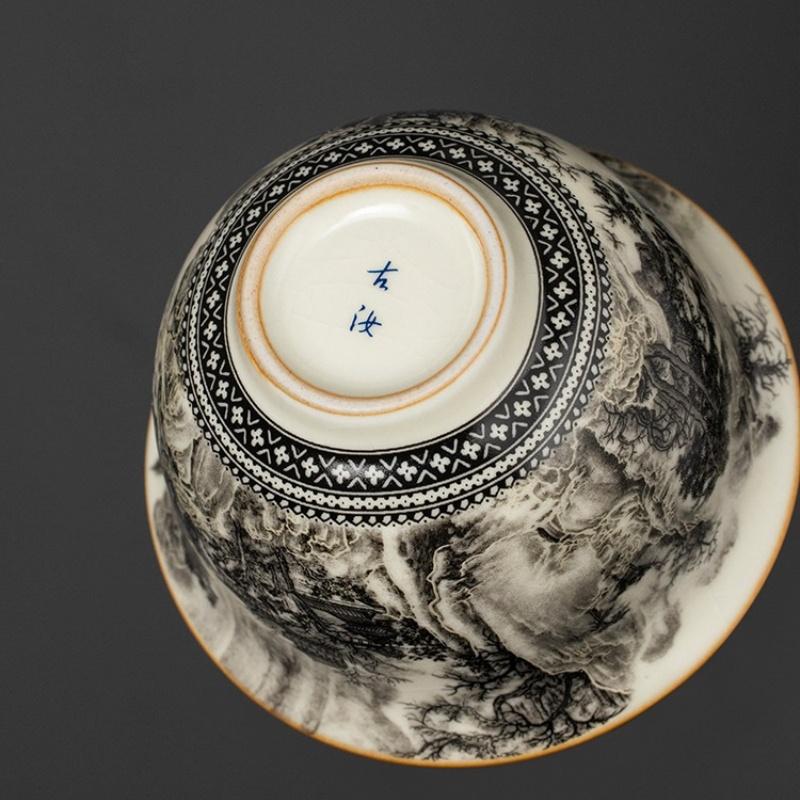 Juego de Gaiwan de Porcelana Paisaje Horno Ru de 170 ml para Taza de Té Tureen Vajilla Tazas Chinas Amarillas Cerámica Apertura Cuencos de Té Ceremonia del Té