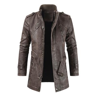 Herfst en winter Heren, middellange, casual mode, PU-leer, opstaande kraag, riem, slanke jeugdwindjack