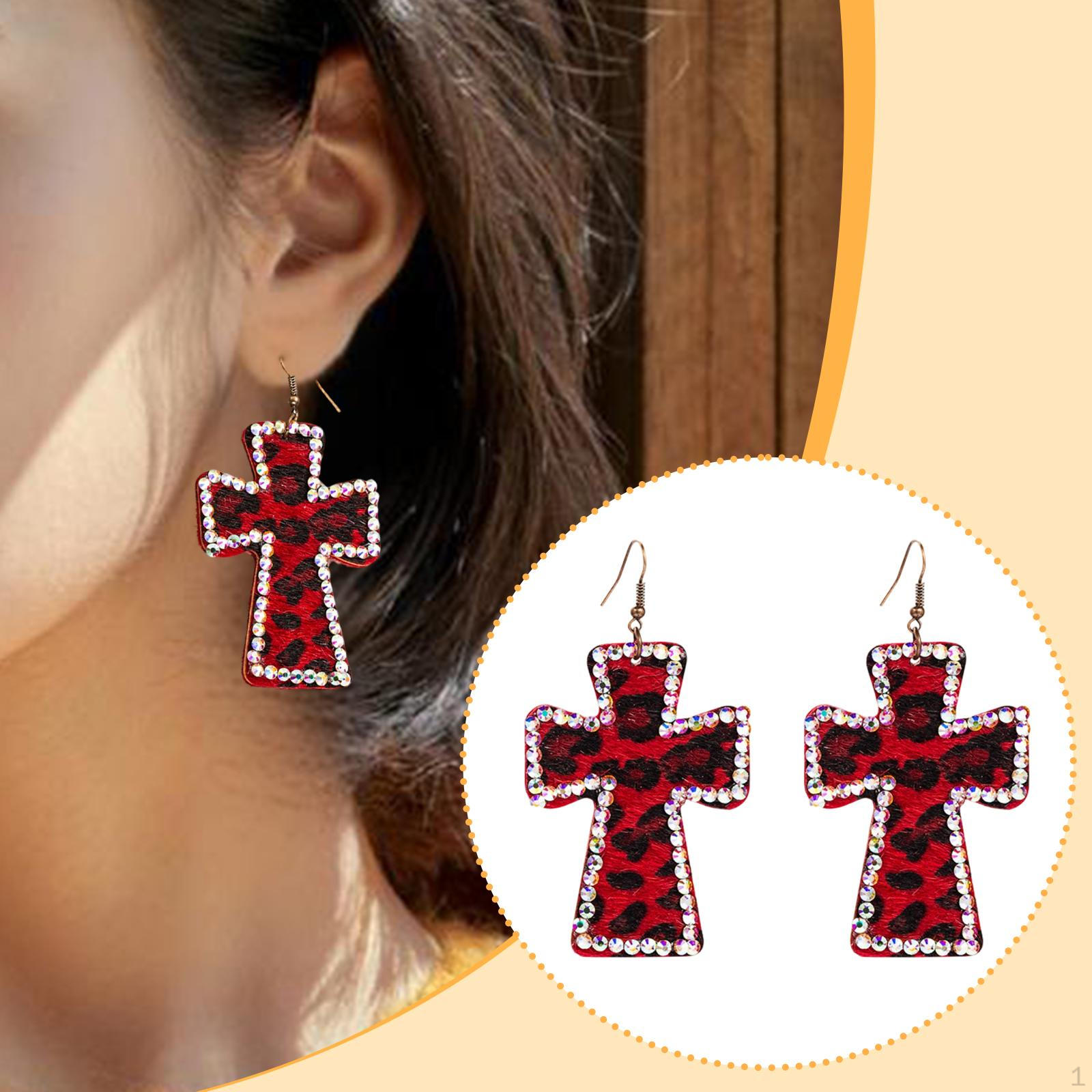 

1 Pair Cross Leopard Print Earrings , Women Gift for Engagement, Birthday червоний