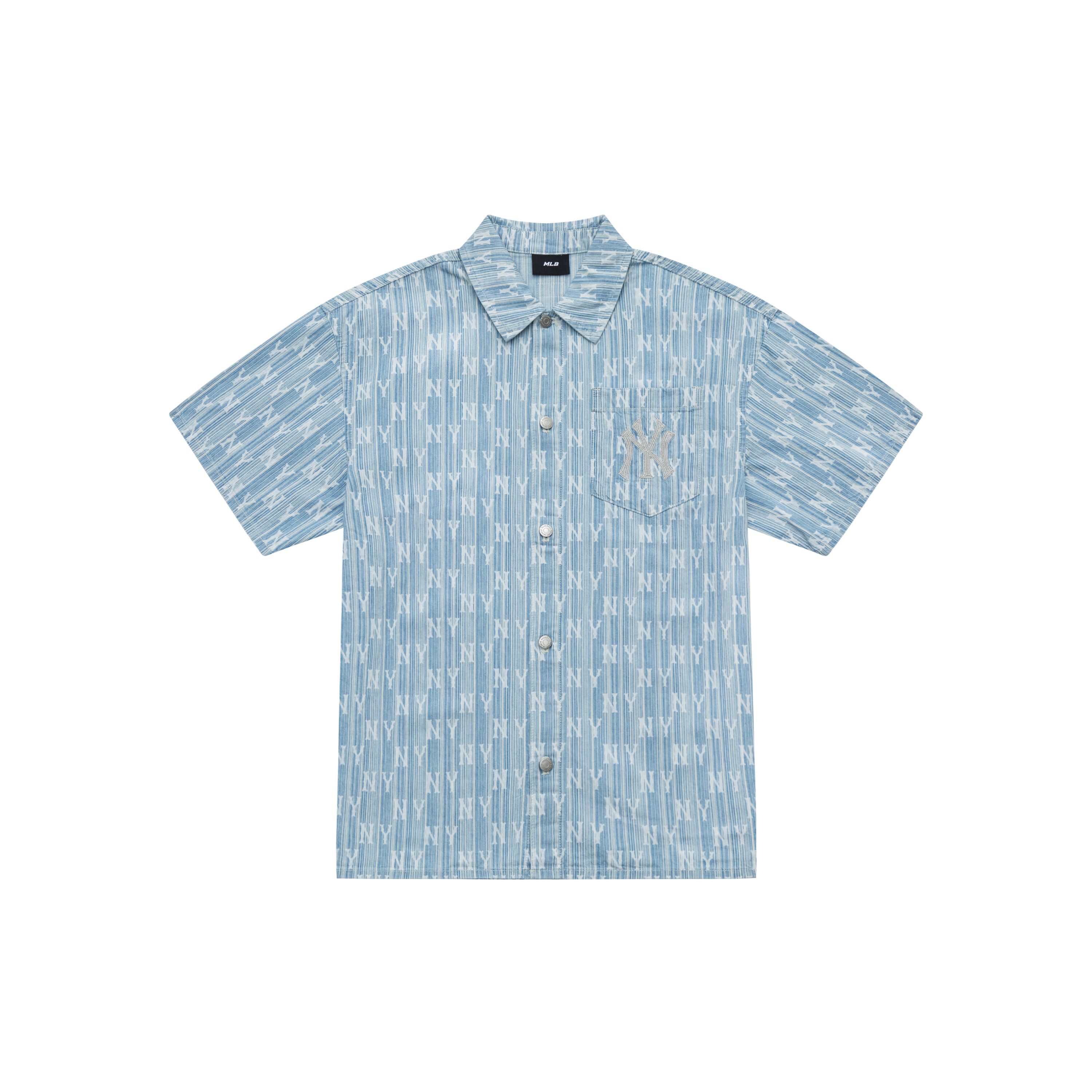 MLB New York Yankees SS24 All Over Print Einzelknopf Lässig Bequem Denim Kurzarmhemd Unisex Hemden Hellblau 3ADRM1043-50BLL XXL white