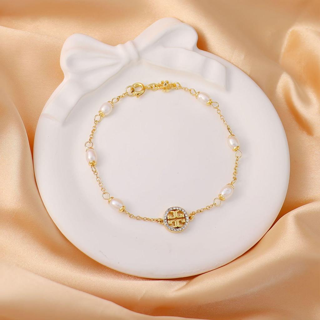 Double T Logo Pavé Pearls Bracelet - Brass, Gold Plated, Light Luxury