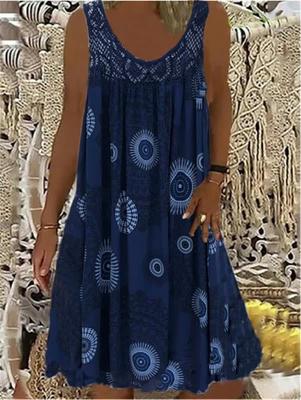 Women's Sleeveless Lace Pleated Patchwork Print Elegant Large Swing Dress