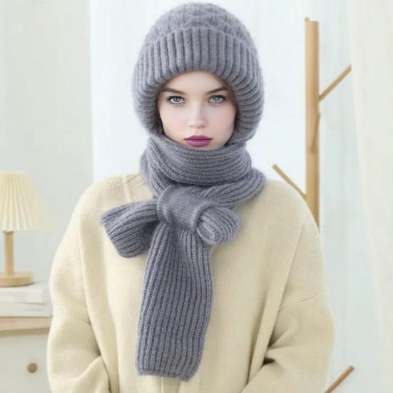 Winter Knit Hat with Integrated Scarf Solid Color Thickened Velvet Women Hat Long Scarf Set Cold Weather Headwear