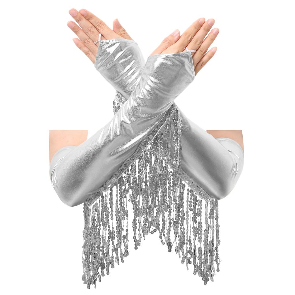 Adult Elbow Length Fingerless Gloves: Sparkling Sequined Tassel Design, Metallic Shiny Stage Opera Cosplay & Party Mittens
