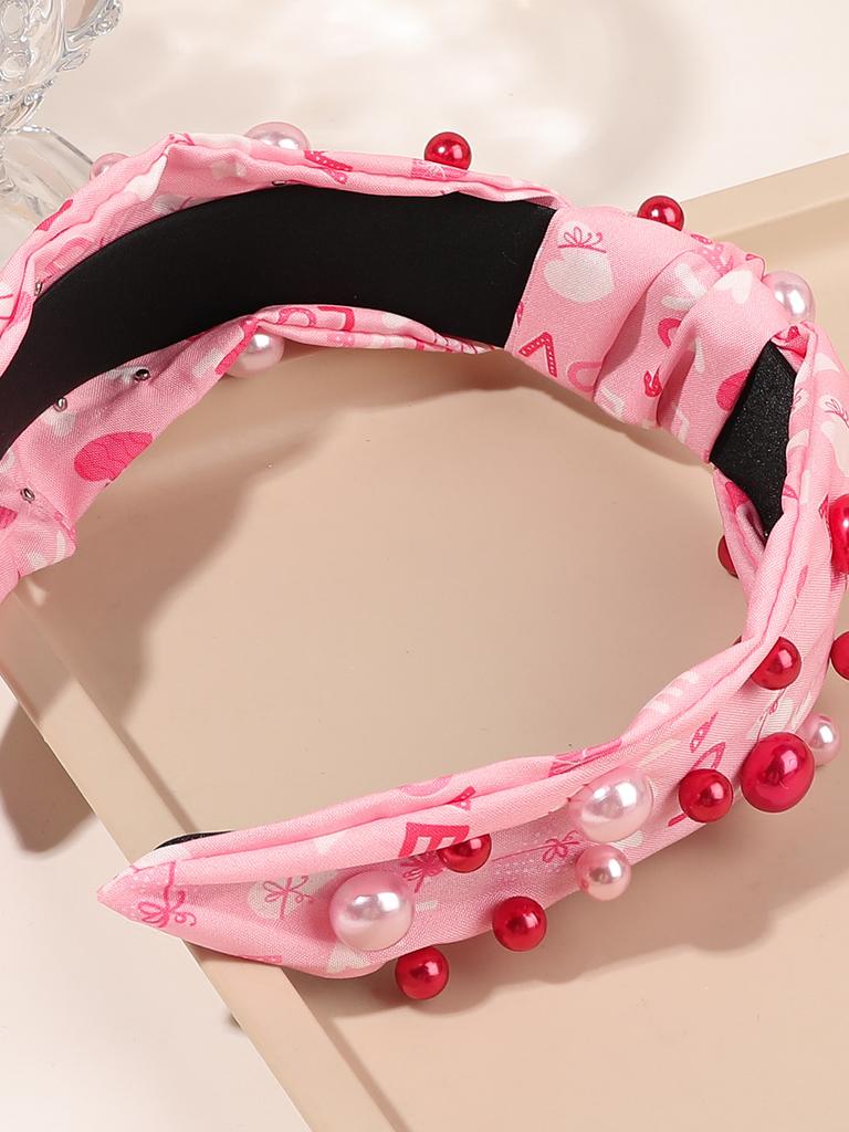 Valentine's Day Headband for Women Pearl Knotted Headband Red Pink Pearl Hairband Wide Top Knot Hairband Valentine’s Gifts
