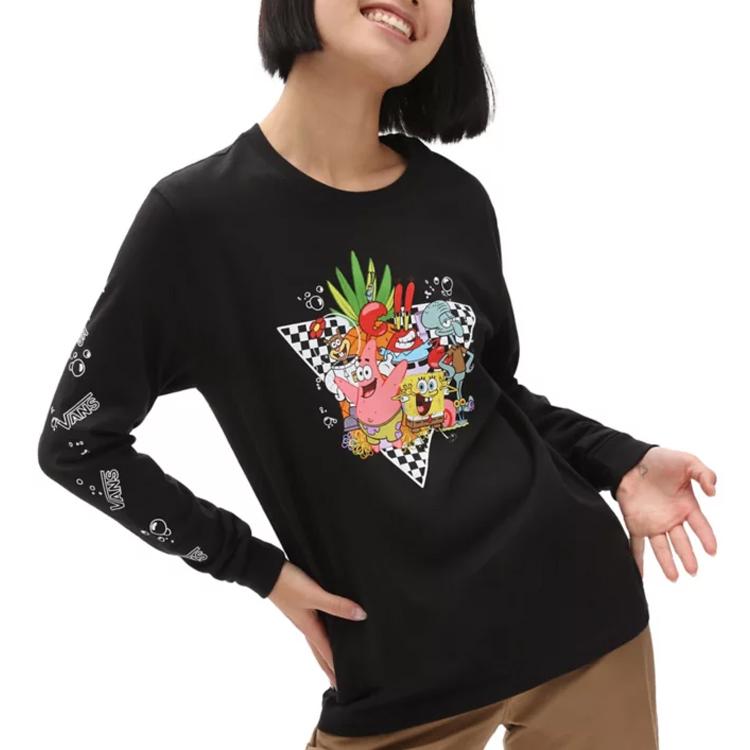 Vans X SPONGEBOB SQUAREPANTS Vans X SPONGEBOB T Shirts Women's Black Crew Neck Moderate Straight Fit VN0A5I3FYZS