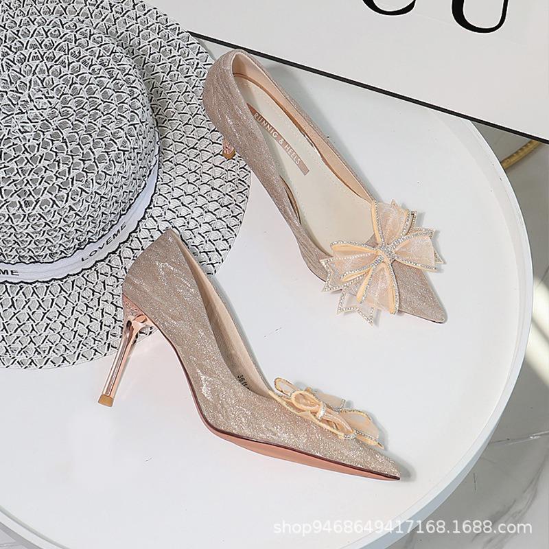 Bow crystal high heels new bar mitzvah thin heels pointed dinner dress not tired feet wedding shoes
