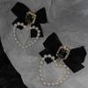 Korean Trendy Black Bowknot Square Crystal Drop Earrings for Women Elegant Pearl Heart Jewelry Gifts